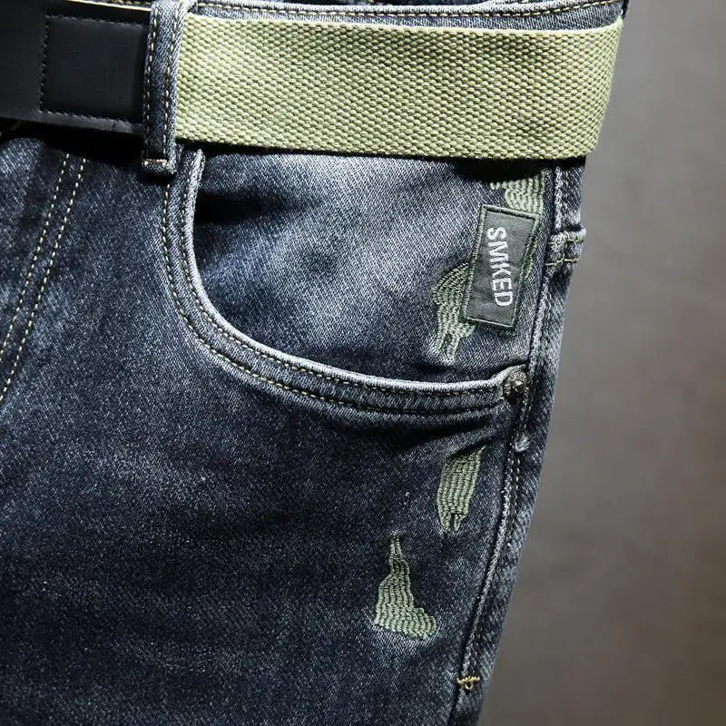 Harajuku Fashion Slim Fit Stretch Denim Jeans for Men Spring and Autumn Casual Blue Gray Water Wash Long Pants Luxury Slim Jeans