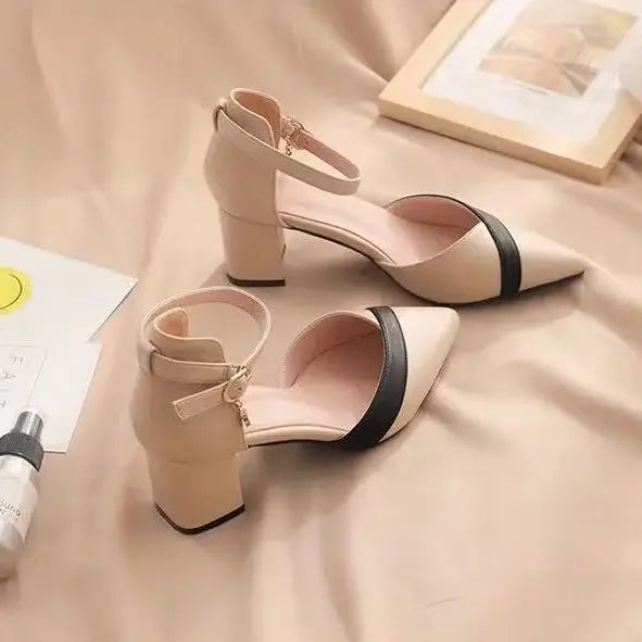 Elegant Fairy Style Chunky Heel Sandals For Women Pointed Toe Two-Tone Summer Casual Dress Shoes