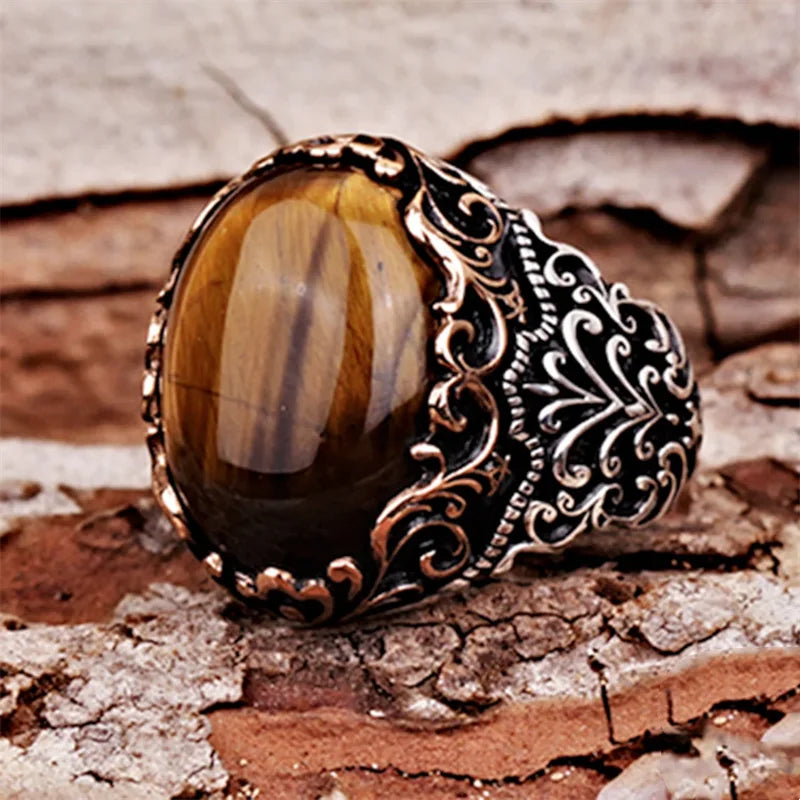 New Fashion Temperament Yellow Turquoise Men's Ring Domineering High-grade Copper Material To Attend The Banquet Business Ring