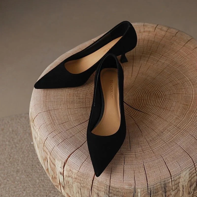 Women Low Price Soft Leather 5cm Thin Heels Pumps Brown Black Elegant OL Office Pointy Toe Slip-On Null Comfortable Shoes 43-34