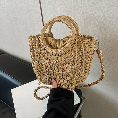 Handwoven Straw Rattan Half-Moon Beach Handbag Large Capacity Women Summer Hollow Out Crossbody Shoulder Bag