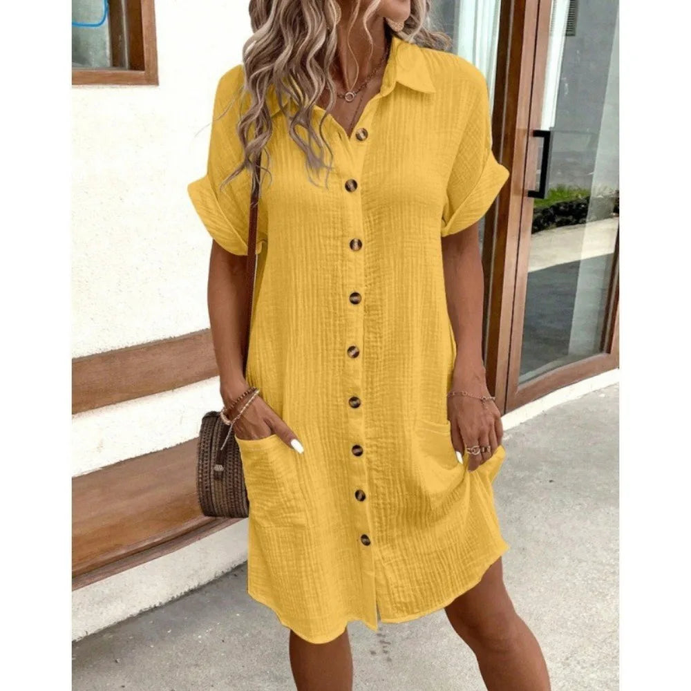 Summer Simple V-neck Button Up Dress Woman Cotton Linen White Short Sleeved Pocket Casual Solid Loose Shirt Mini Dress 2025