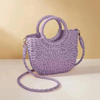 Handwoven Straw Rattan Half-Moon Beach Handbag Large Capacity Women Summer Hollow Out Crossbody Shoulder Bag