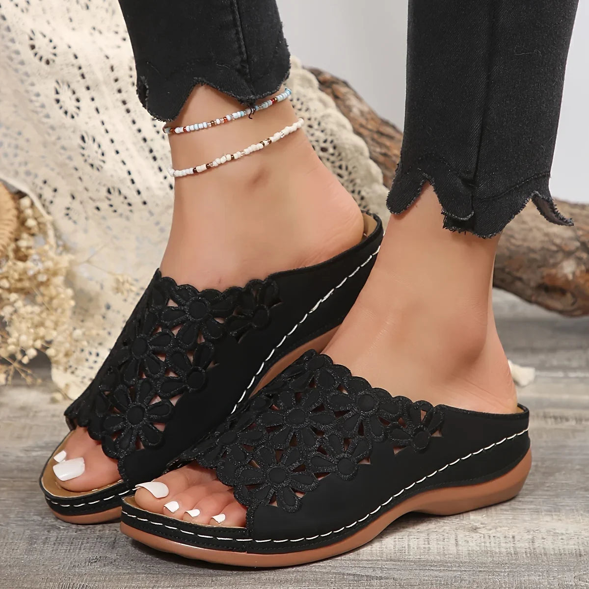 Women's Elegant Floral Comfort Sandals – Hollow-Cut Stylish Wedge Design Versatile Slides for Casual & Beach Wear