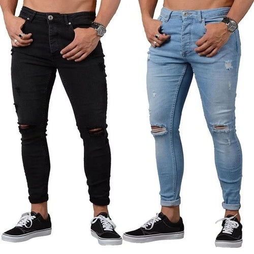 Pencil Pants Men Jeans Ripped Vintage Holes Ankle Length Denim Wash Solid Casual 2025 Pockets Slim Fit Distressed Punk Style