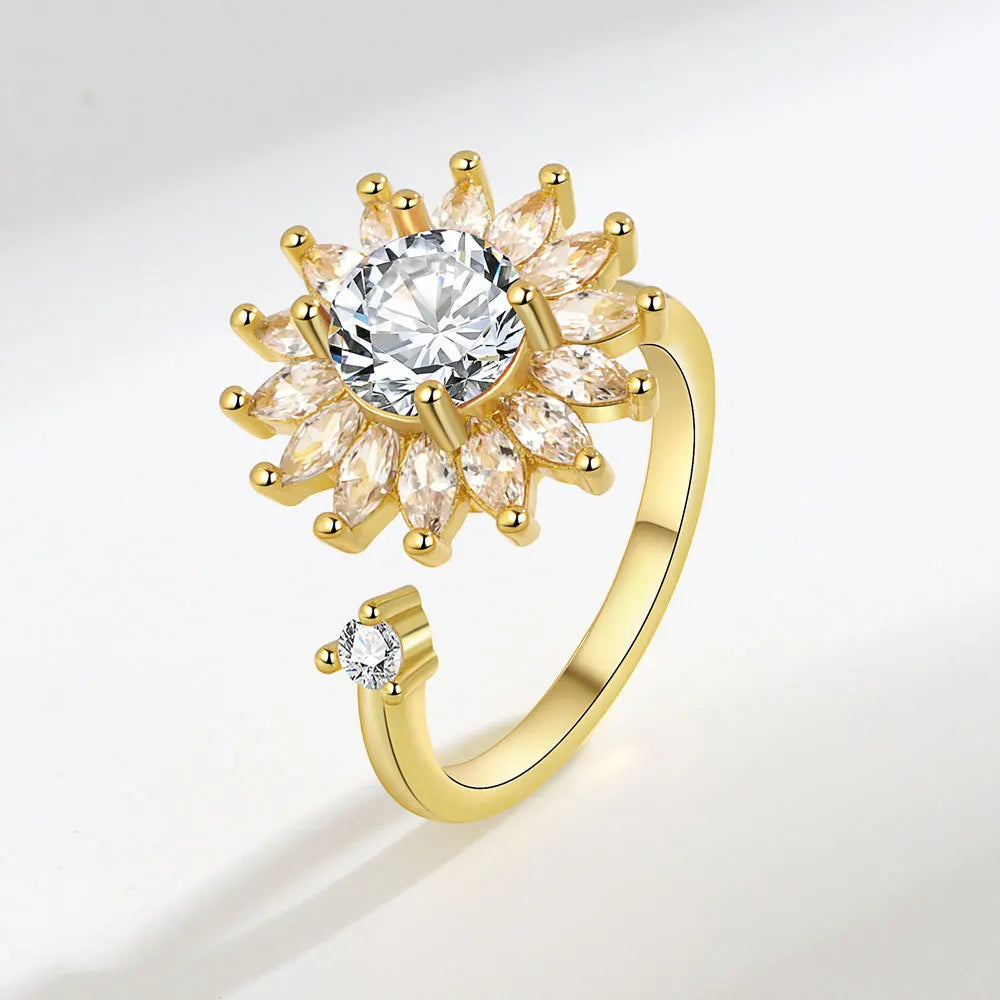 VENTFILLE 925 Sterling Silver Sunflower Diamond Zircon Rotatable Ring For Women Gift Relieve Stress Ring Jewelry Wholesale