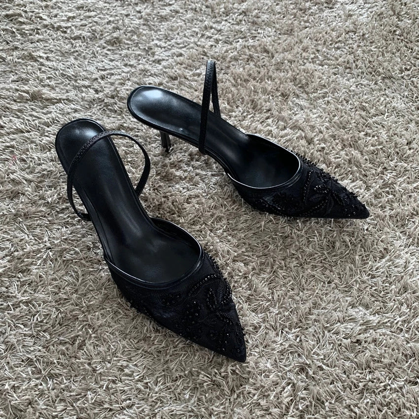 Luxury Brand High Heels Women Sandals Mesh Embroider Elegant Pointed Ladies Slingback Party Wedding Bridal Dress Shoes Woman