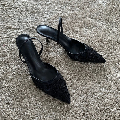 Luxury Brand High Heels Women Sandals Mesh Embroider Elegant Pointed Ladies Slingback Party Wedding Bridal Dress Shoes Woman