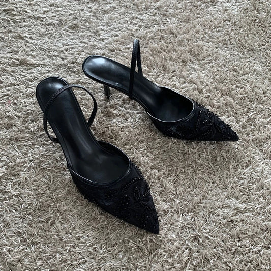Luxury Brand High Heels Women Sandals Mesh Embroider Elegant Pointed Ladies Slingback Party Wedding Bridal Dress Shoes Woman