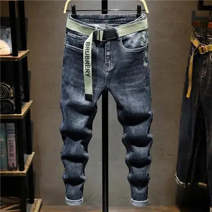 Harajuku Fashion Slim Fit Stretch Denim Jeans for Men Spring and Autumn Casual Blue Gray Water Wash Long Pants Luxury Slim Jeans