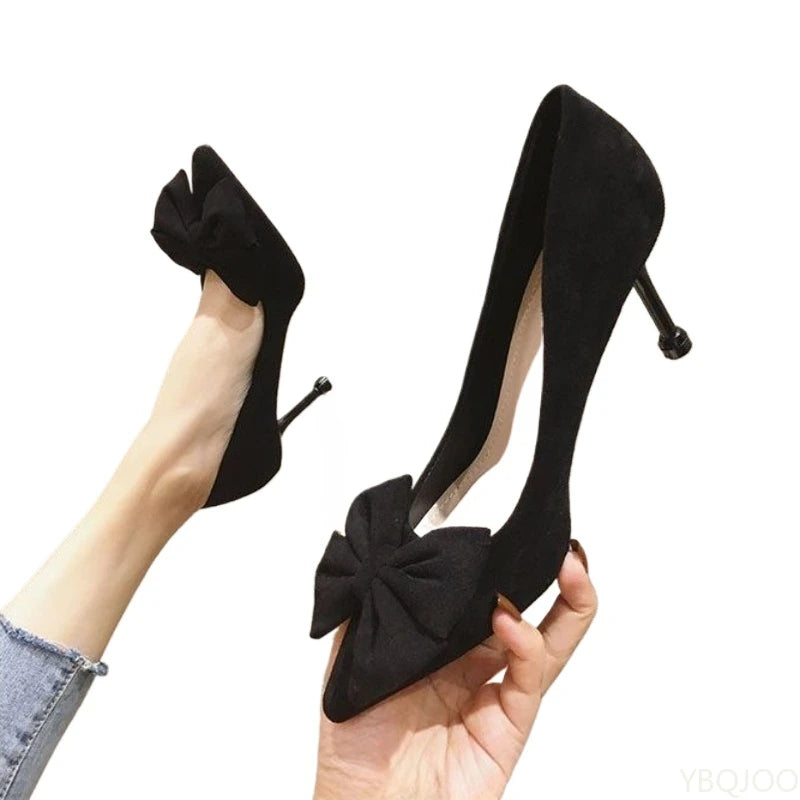 Women's trendy new Shoes Fashion bow tie slim high heels Sexy black Elegant shoes Fairy style comfort ladies pumps Zapatos Mujer