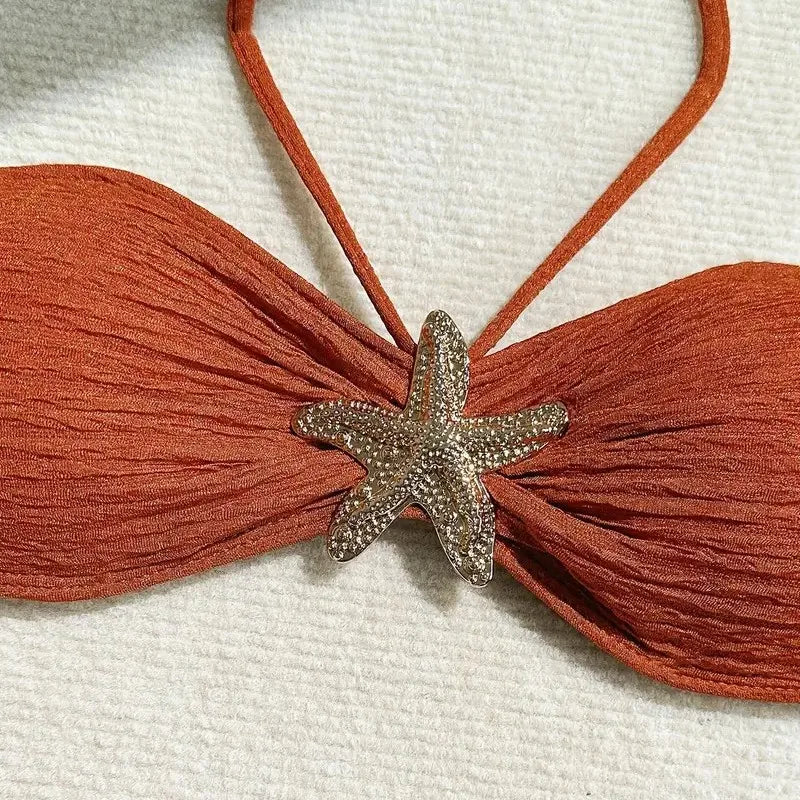 Metal Starfish Brown Bandeau Bikinis Sets 3 Piece Sexy Swimsuits Cover Up Women 2025 Holiday Swimwear High Cut Bather Beach Wear