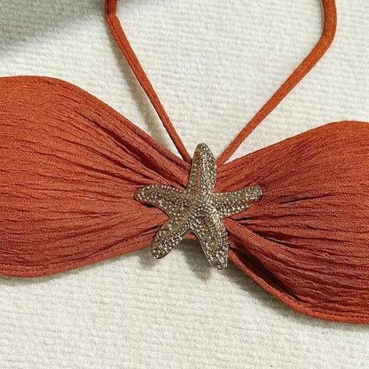 Metal Starfish Brown Bandeau Bikinis Sets 3 Piece Sexy Swimsuits Cover Up Women 2025 Holiday Swimwear High Cut Bather Beach Wear
