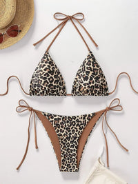 Sexy Leopard Print Two Piece Swimsuit Set Triangle Bra Suspender Halter Backless Bikini Set Beach Vacation Lace-up Swimwear 2025