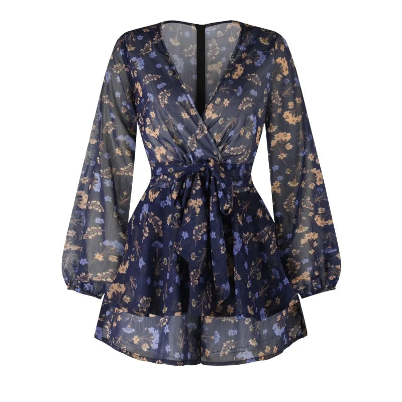 Fashion Autumn Sexy V-neck Long Sleeve Women's Dress Elegant Tied Print Mini Evening Dress Summer Party Chiffon Clothes Spring