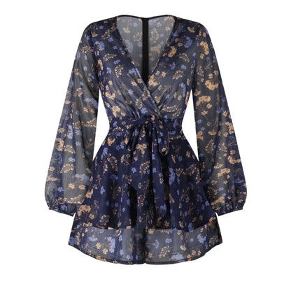 Fashion Autumn Sexy V-neck Long Sleeve Women's Dress Elegant Tied Print Mini Evening Dress Summer Party Chiffon Clothes Spring