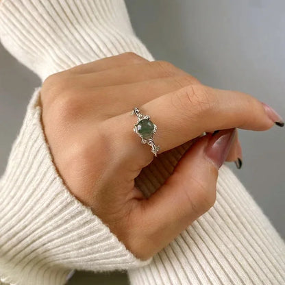 925 Silver Green Moss Ring with Water Grass Agate Stone Unique Elegant European American Style Jewelry Accessory