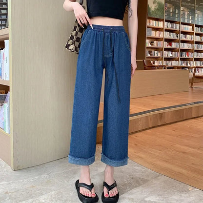 High Waist Straight Leg Casual Denim Pants Loose Wide Leg Crop Jeans Plus Size Comfortable Trousers For Women