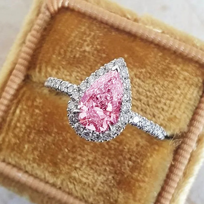 Huitan Pink/Crystal Waterdrop Cubic Zircon Rings for Women Classic Design Eternity Wedding Engagement Rings Silver Color Jewelry