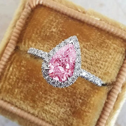 Huitan Pink/Crystal Waterdrop Cubic Zircon Rings for Women Classic Design Eternity Wedding Engagement Rings Silver Color Jewelry