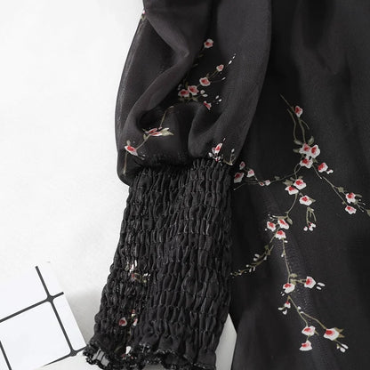 Women Sexy Black Chiffon Dress Spring Vintage Flower Long Puff Sleeve Dresses Korean Casual Mini Vestidos Elegant  Clothes 13676