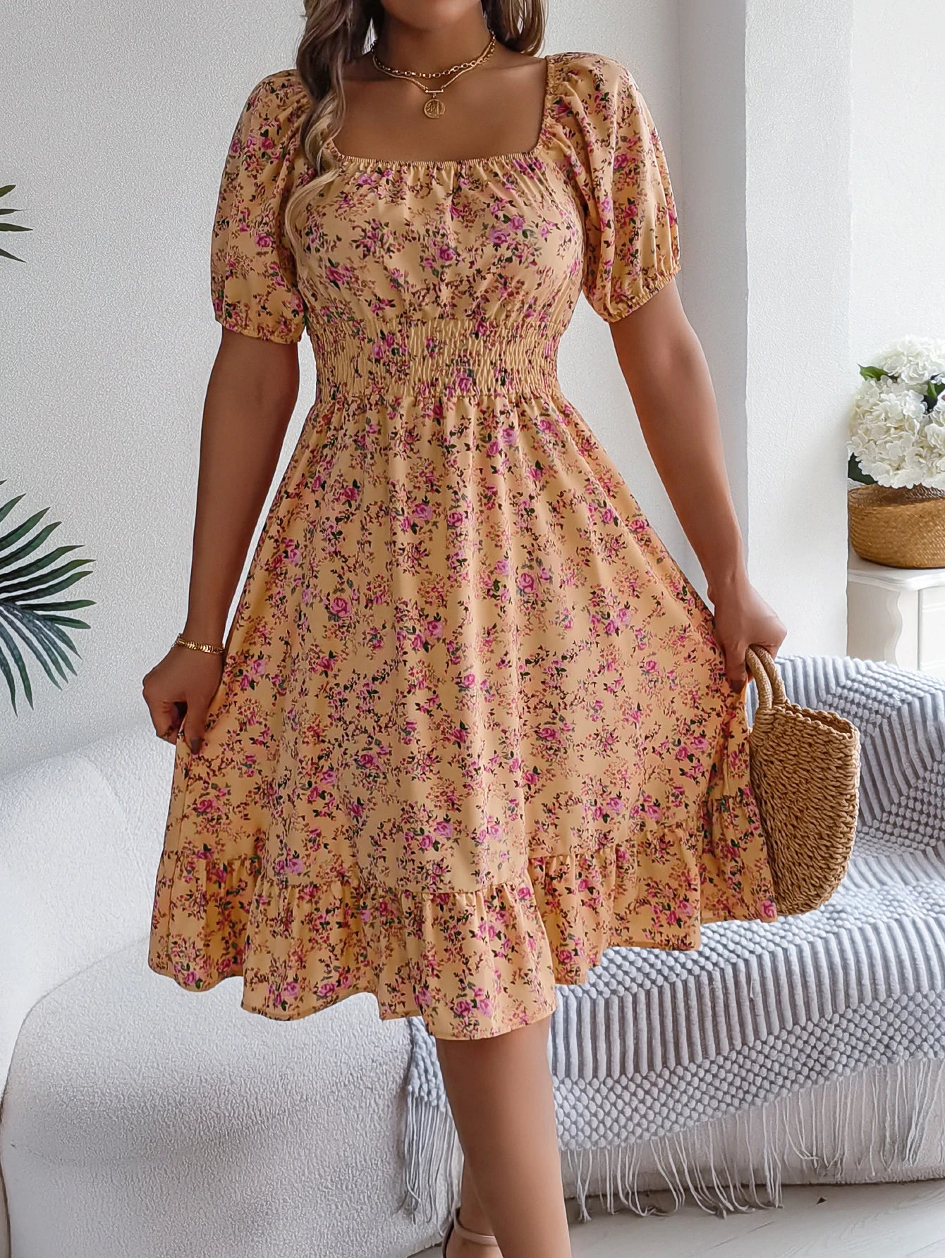 Casual Square Neck Shirred Waist Floral Print Short Sleeve Ruffle Hem Dress For Summer, Women's Clothing
