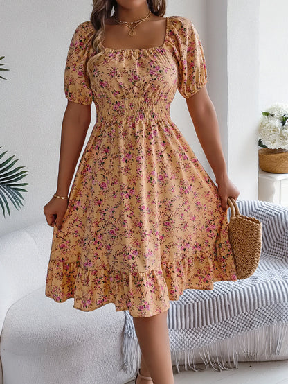Casual Square Neck Shirred Waist Floral Print Short Sleeve Ruffle Hem Dress For Summer, Women's Clothing