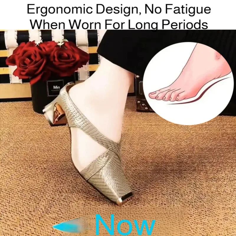 Women's outdoor sandals snakeskin thick heel mesh half slippers square toe sandals