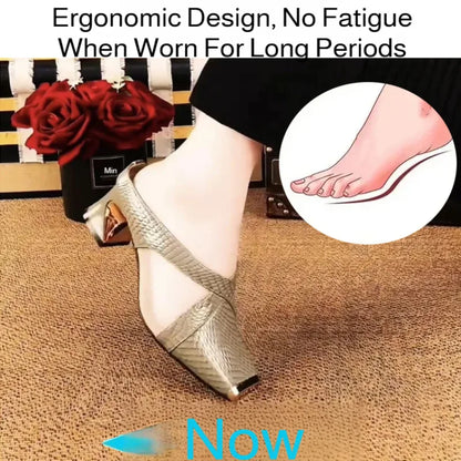 Women's outdoor sandals snakeskin thick heel mesh half slippers square toe sandals