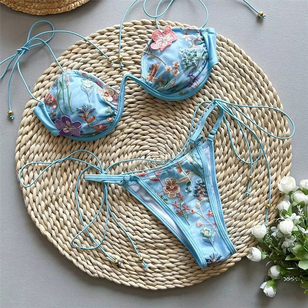 Beige Shiny Flower Embroidery Swimwear Thong Micro Push Up Bikini Set Sexy Swimsuit Women 2025 Bathing Suit String Bikinis Mujer