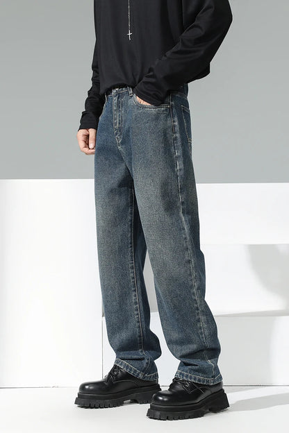 Youth Stylish Loose Fit Denim Pants Spring Retro Blue Wide Leg Jeans Soft Cotton Mid Waist Design for Daily Comfort & Durability