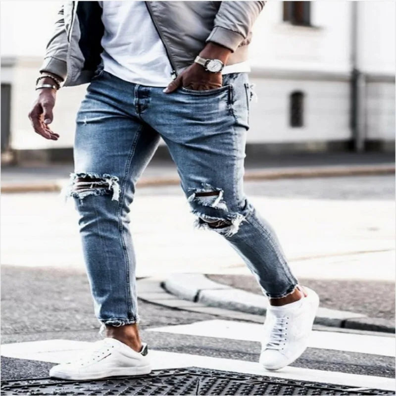 Denim Distressed Mens Pants Autumn Slim Fit and Slimming New Elastic Pants Mens Small Leg Pants