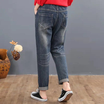 y2k Embroidery Ankle-Length Baggy Jeans Elastic High Waist Capris Lace Up Harem Denim Pants Women Vaquero Oversized 4xl Pantalon