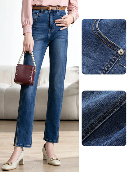 I BELIEVE YOU Autumn Jeans Women 2024 Slim Straight Slit Ankle-length Pants Denim Blue Office Lady Female Trousers 2223044693