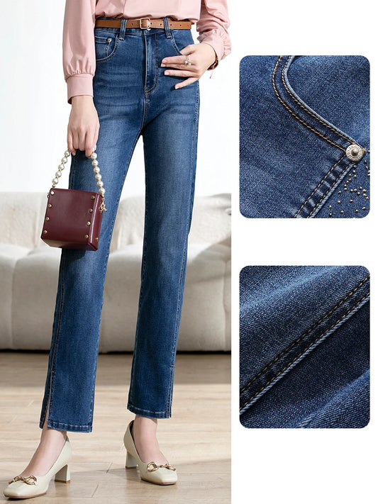 I BELIEVE YOU Autumn Jeans Women 2024 Slim Straight Slit Ankle-length Pants Denim Blue Office Lady Female Trousers 2223044693