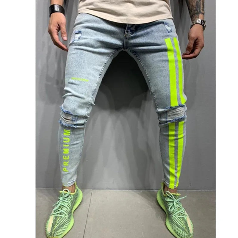 Mens Distressed Pleated Knee Patch Painted Stretch Skinny Jeans Ripped Denim Pants Brand Hip Hop Black Casual Trousers for men