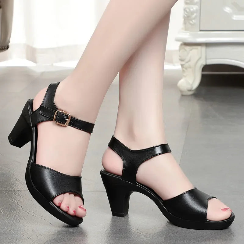 Zapatos De Mujer Women Classic Comfort Black Patent Leather Peep Toe High Quality Sandal Shoes Lady Fashion Work Heel Shoes B42