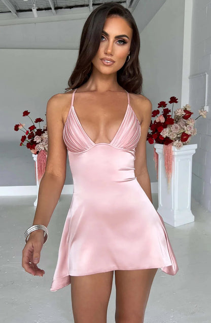 Summer Women's Sexy V-Neck Backless Halter Mini Dress Solid Color Cross-Border Fashion 2025 Hot Sale