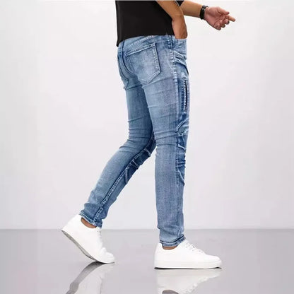 Two tone distressed patchwork jeans for men trendy jeans for summer thin straight leg pants slim fit small leg distressed jeans