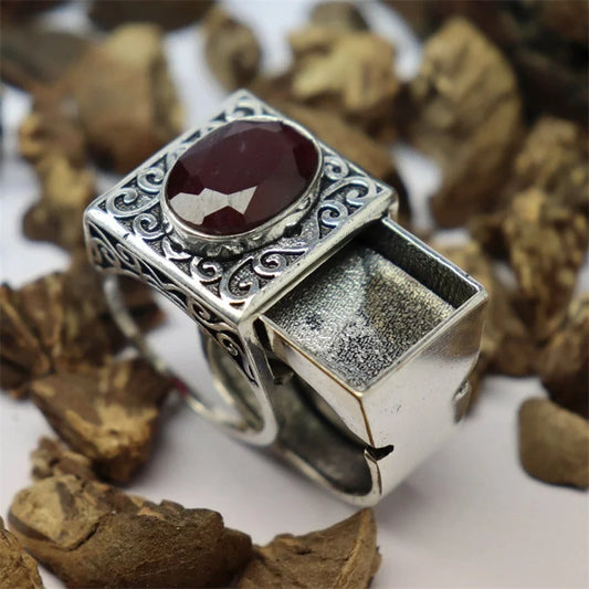 Dazzling Vintage Silver Color Round Men Rings Set Fashion Red Stones Party Bridal Ring Jewelry
