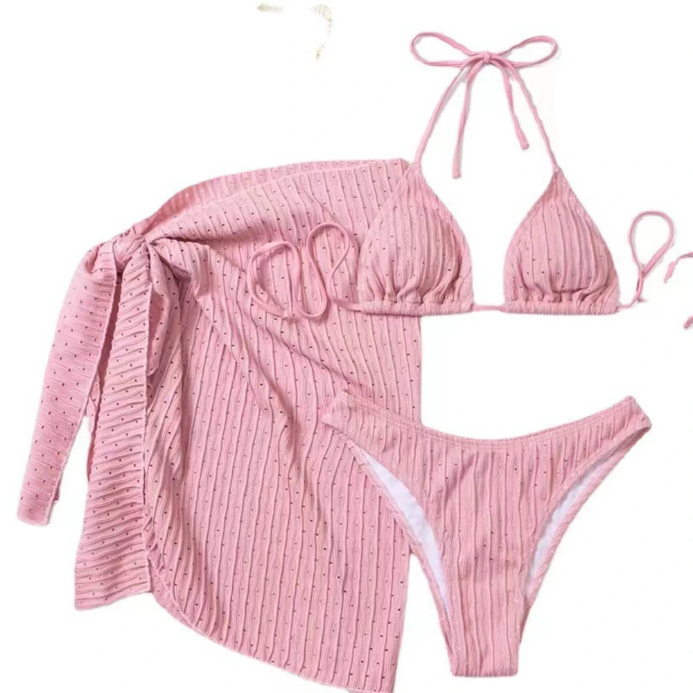 Summer Halter Bikini 3 Pieces Women Special Material Sexy Thong Swimwear With Sarong Skirt White/Black/Pink/Green Beachwear