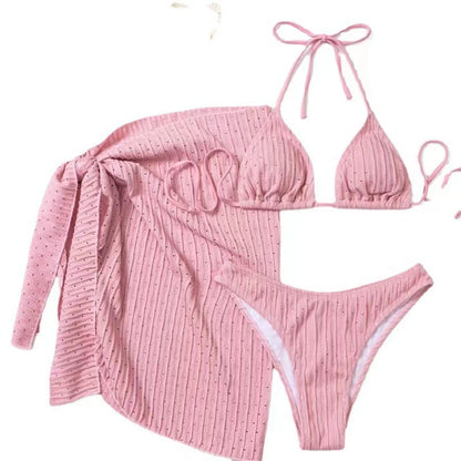 Summer Halter Bikini 3 Pieces Women Special Material Sexy Thong Swimwear With Sarong Skirt White/Black/Pink/Green Beachwear