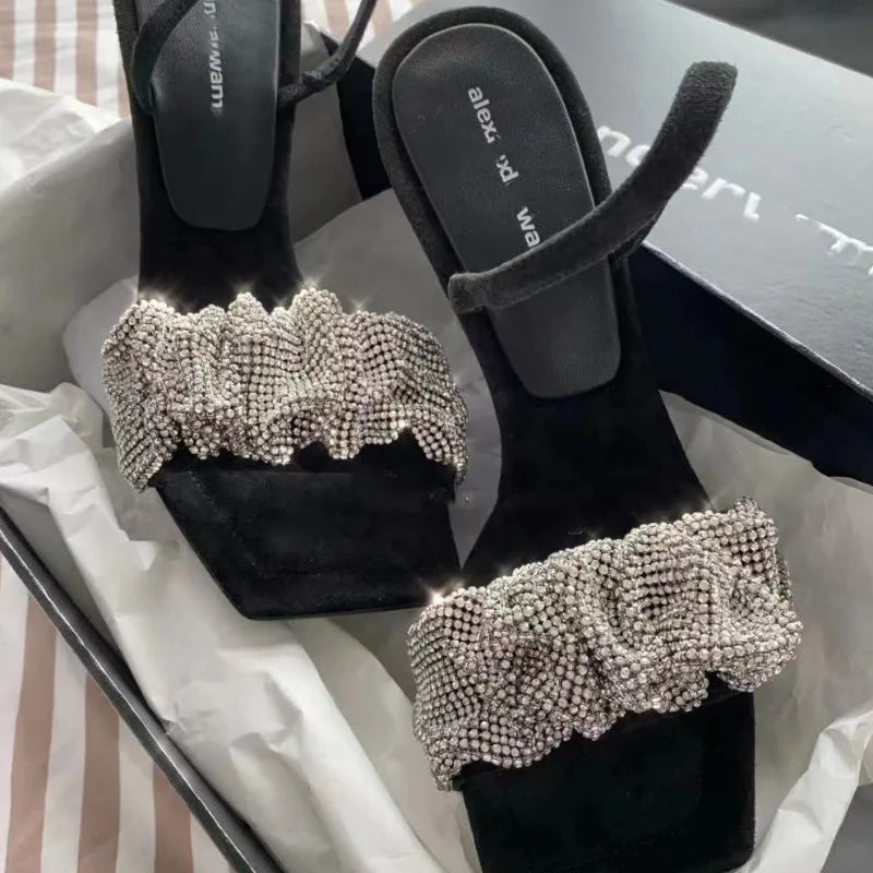 New Summer Fashion Design PU High Heels Women's Shoes Square Toe 7 Cm Non Slip Rhinestone Pumps Bling Women Sandals