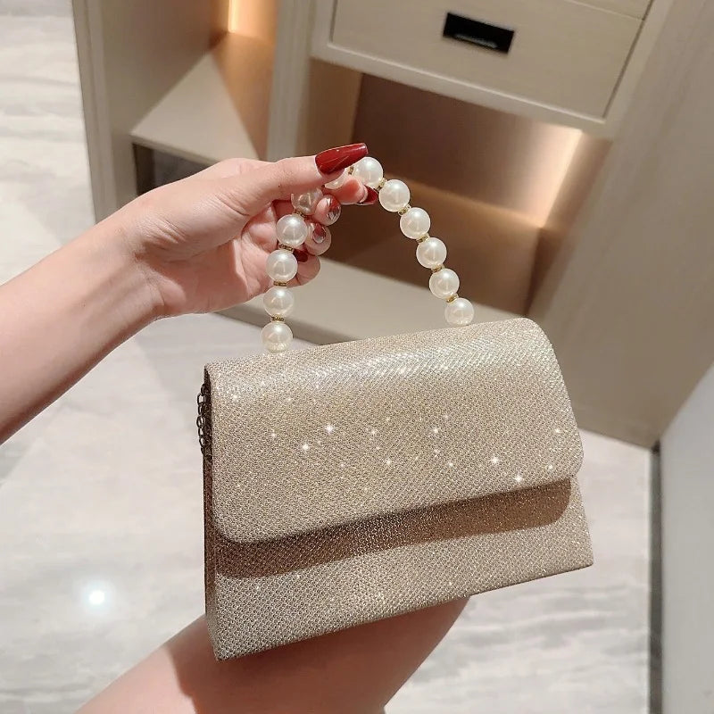 Pearl Chain Shoulder Bags Luxury Purse Gold Bright Silk Evening Bag Women Elegant Fashion Banquet Clutch Female Handbag bolsa