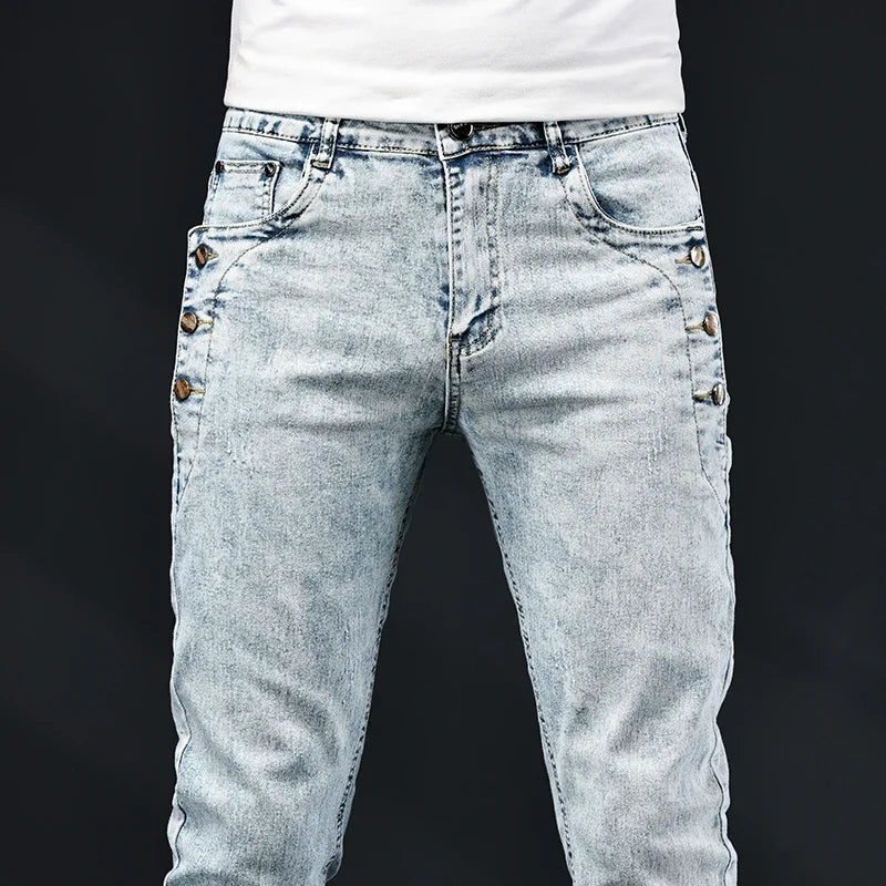 Slim Skinny Jeans Men New Elastic Korean Design Fashion Multi-Button Blue White Vintage Wash Cotton Stretch Denim Pants Trousers