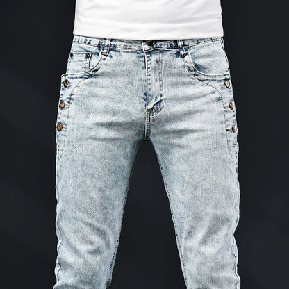 Slim Skinny Jeans Men New Elastic Korean Design Fashion Multi-Button Blue White Vintage Wash Cotton Stretch Denim Pants Trousers