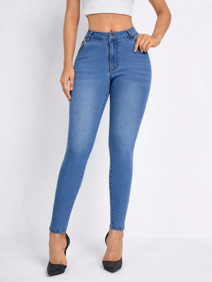 Women Clothing Skinny Solid Ankle Length Jean Washed Zipper Fly Denim Pants High Waist Jeans Spliced Casual Slim Pockets