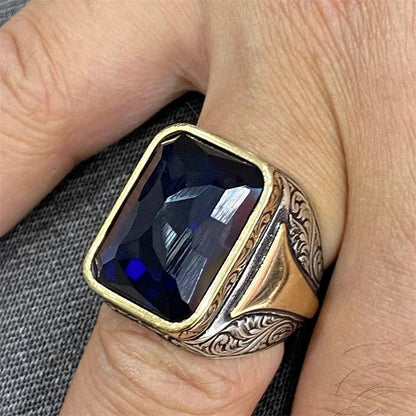 Delicate Square Geometry Grave Gold Silver Color Blue Stone Rings for Men Party Jewelry Gift