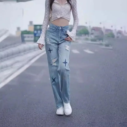 With Holes Trousers Embroidered Cowboy Pants for Woman Straight Leg High Waist Shot Women's Torn Jeans Cheap Japanese Y2k Summer
