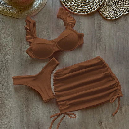 Solid Wavy Fabric Low Waist Bikini Set Cover Up Swimsuit For Women Push Up Ruffle Three Pieces Swimwear 2025 Beach Bathing Suits